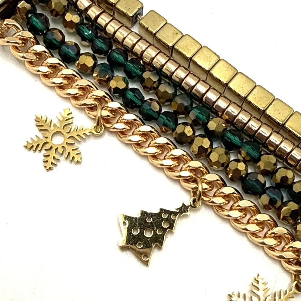Victoria Emerson Multi Strand Bracelet Green Bead Christmas Tree Star Charms 7.5